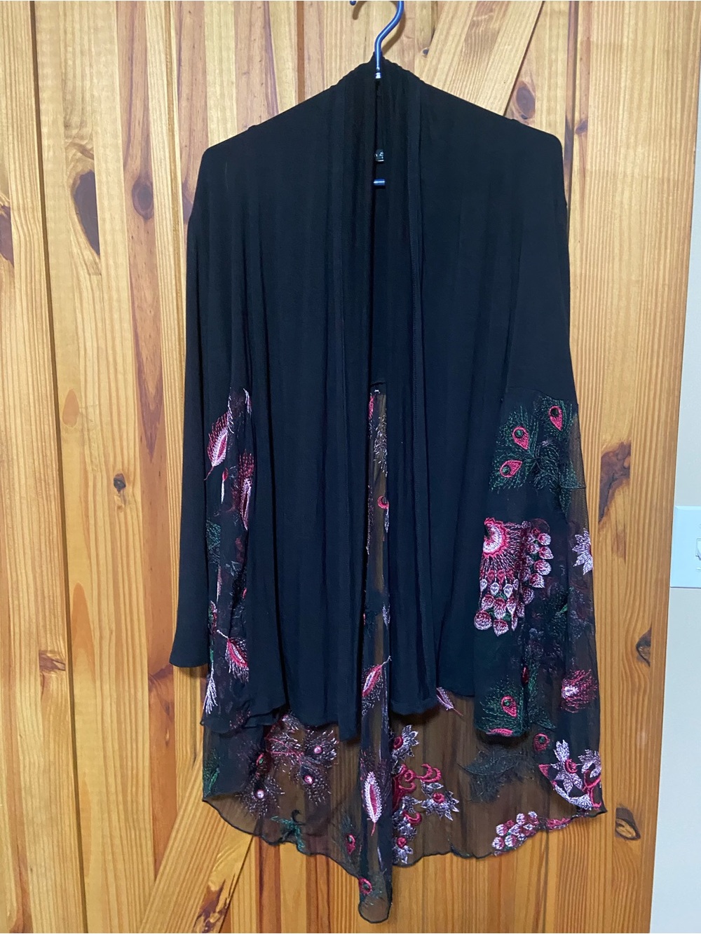 Boho style Black Cardigan with Pink & Green Floral peacock 🦚 Embroidery Size L